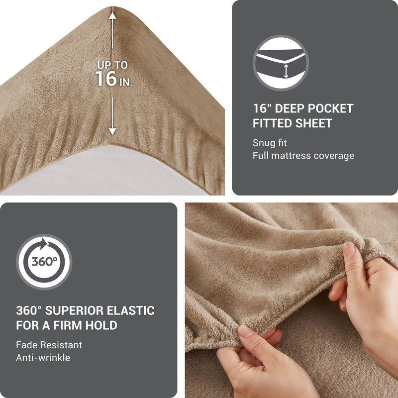 Ensemble de draps 4 pièces en polyester micro peluche taupe, au toucher velours brossé, pour lit king size., Très grand lit