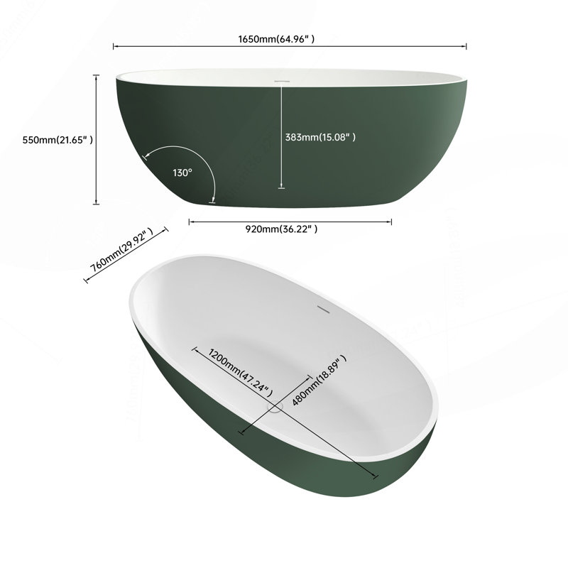 65" Premium Solid Surface Deep Soaking Bathtub, Matte Green