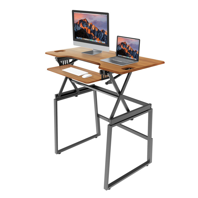  31.5 in. Gray Standing Desk Converter with Floor Mat, Dual Monitor Riser and Deep Keyboard Tray Platform, Gray