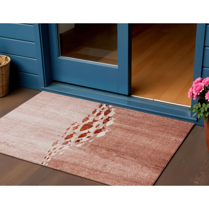 3' X 5' Terra Cotta Copper And Ivory Nautical Washable Indoor Outdoor Area Rug