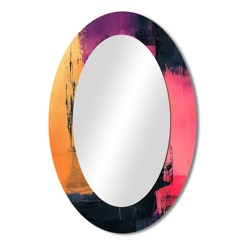 Blakc And Pink Meet In Dream I - Abstract Oval Decorative Mirror On Metal, 36" x 24"