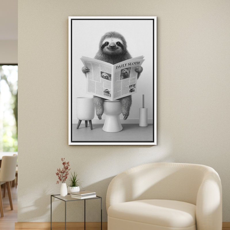 Framed Canvas Wall Art Print - Animal Reading Newspaper Funny Artwork Minimalist Modern Decor for Bathroom, Wrapped Canvas