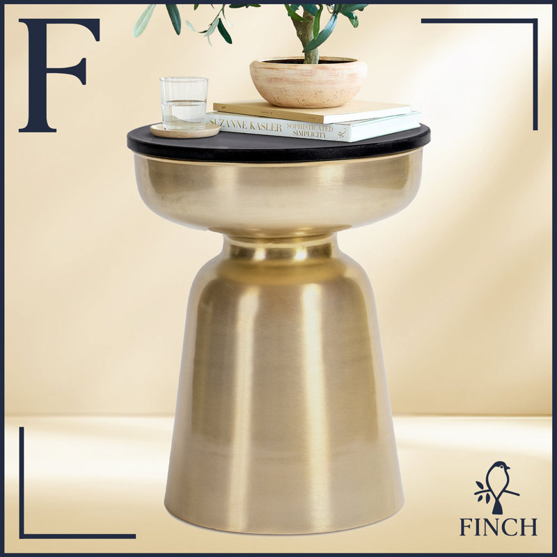 Adler 16" Round Black Granite Top Brass Metal Side Table