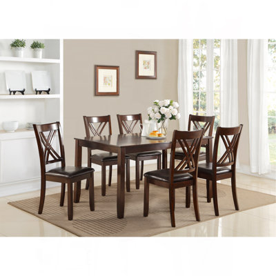 7-Pc Dinette Set Brown Espresso Finish Rectangular Table PU Upholstered Chairs Transitional Dining Room Wooden Dining Set Furniture