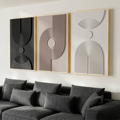 Mid Century Modern Boho 3D Textured Black And White Abstract Lines Artwork, 3 Piece Large Framed Neutral Minimalist Wall Pictures Linen Canvas Wall Art, 24"x36"x3 pcs