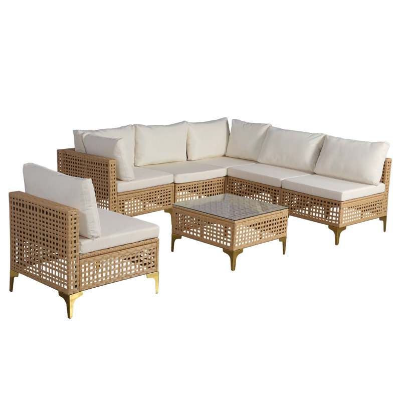 7 Piece Patio Furniture Set, Outdoor Wicker Modular Sectional Patio Conversation Set With Thicker Cushion & Tempered Glass Coffee Table For Backyard