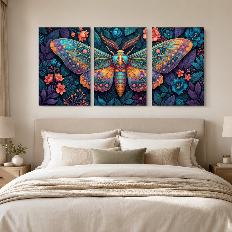 Papillon ornemental avec ailes bleu sarcelle et orange, ensemble de 3 toiles, H 36 po x l 24 po x 3 pièces