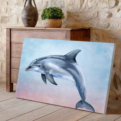 Toile, illustration fantaisiste à l'aquarelle d'un dauphin sautant gracieusement à travers l'art mural