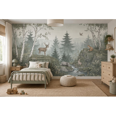 Papier peint Animaux de la forêt, fresque murale Forêt brumeuse