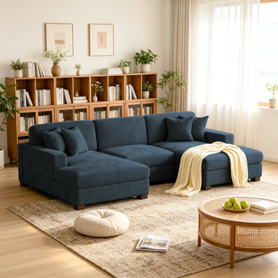 3 - Piece Upholstered Blue Chenille Modular Sectional Sofa with Armrests & Throw Pillows