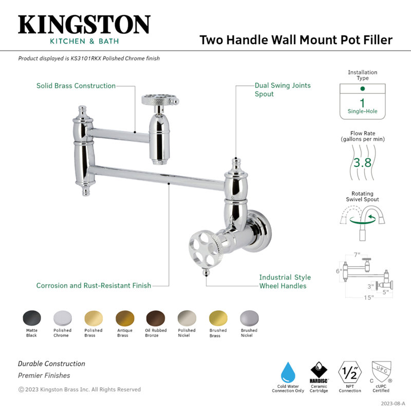Kingston Brass Webb Two-Handle 1-Hole Wall Mount Pot Filler Faucet with Knurled Handle, Oil Rubbed Bronze