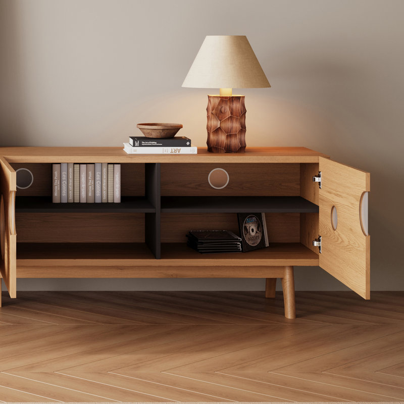 TV Stand Solid Wood Legs Adjustable Shelves Safety Media Cabinet, Oak