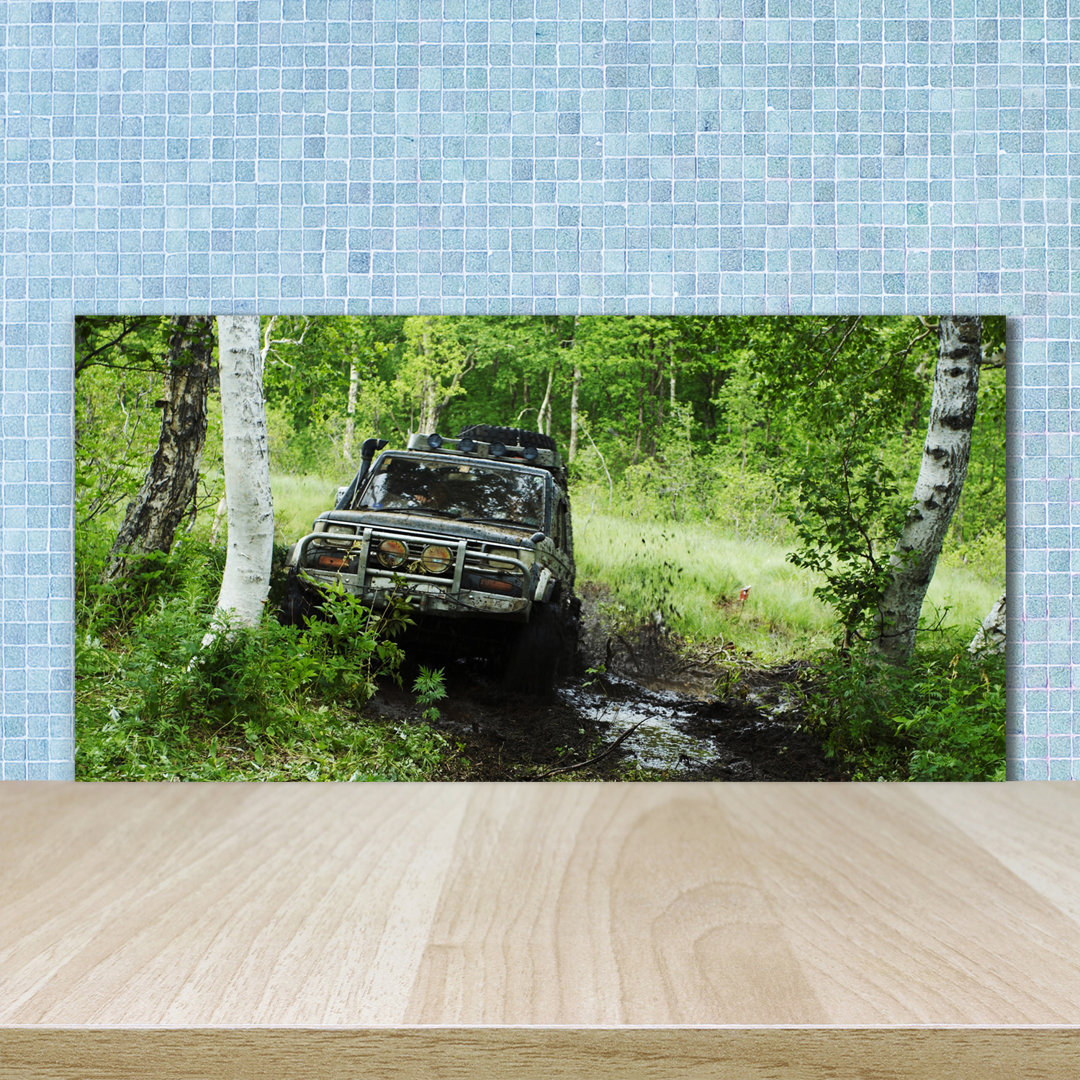 50 cm x 100 cm Glas Spritzschutzpaneel Jeep in the Forest