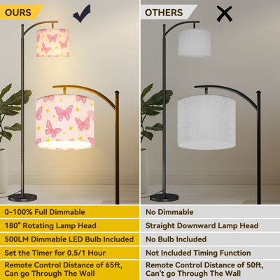 Arc Floor Lamp Pink seamless cartoon flat style cute pink butterfly tiny stars soft Floor Lamps with Remote LED Lights Adjustable Lamp Shades Tall Standing Lamps for Reading Office Living Room