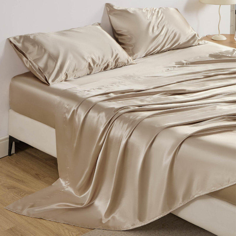 Bedsure Satin Sheets Queen Size–4 Piece Silky Bed Set, 15" Deep Pocket Fitted Sheet, Flat Sheet & 2 Pillowcases, Buttery-Smooth, Good for Hair & Skin (Khaki)