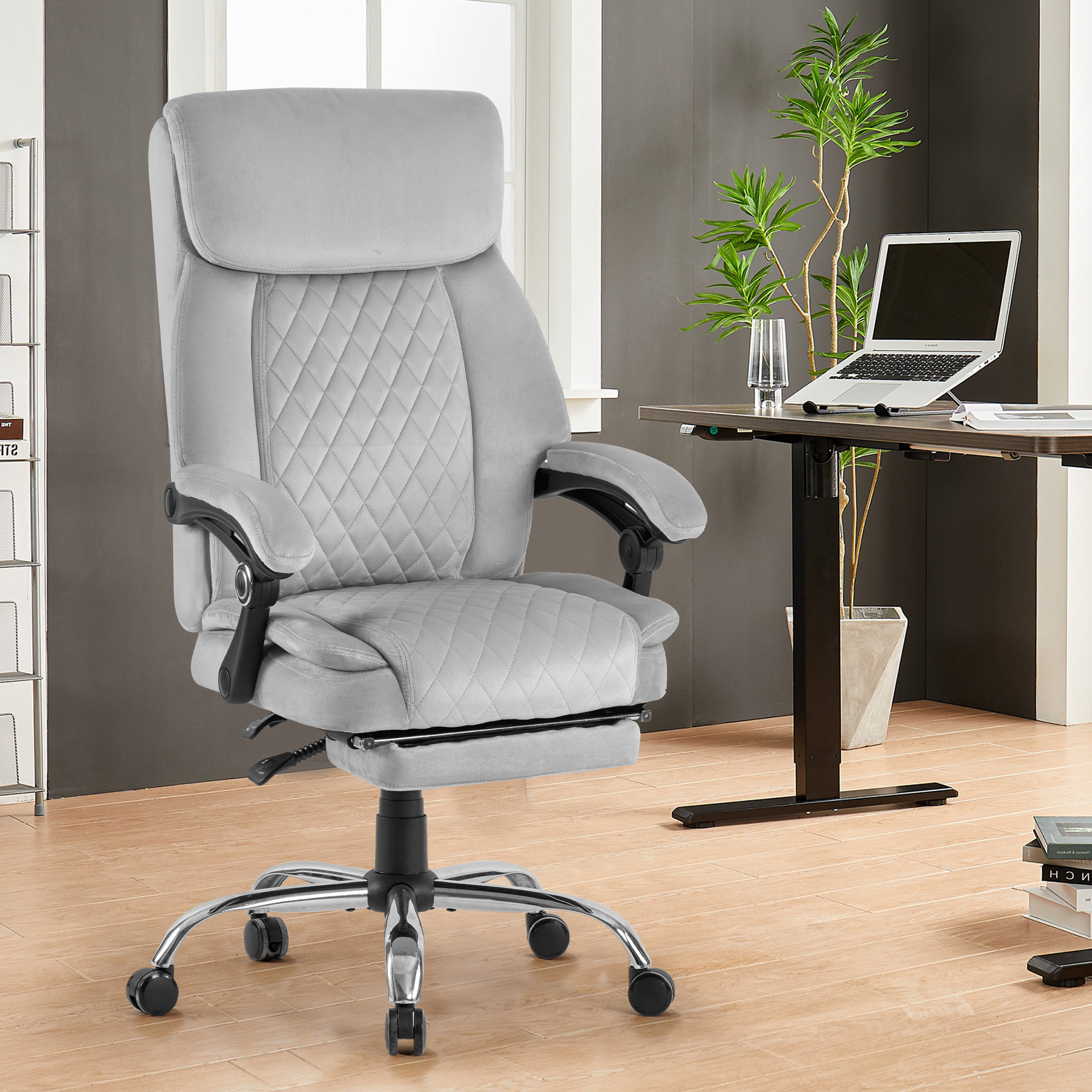 High Back Velvet Ergonomic Home Desk Office Chair with Footrest Everly Quinn Upholstery Color: Pink