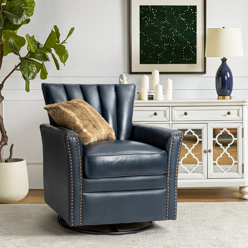 Heilig Genuine Leather Swivel Rocker Armchair, Navy Genuine Leather