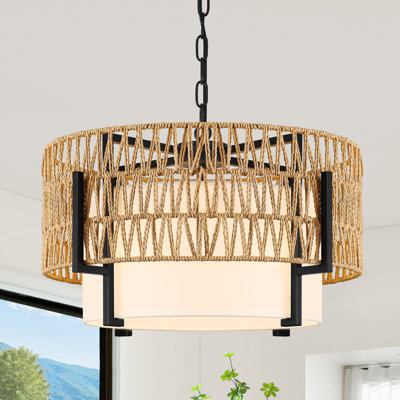 Lustre tambour en tissu et rotin tissé à la main à 6 lumières pour le salon Willia