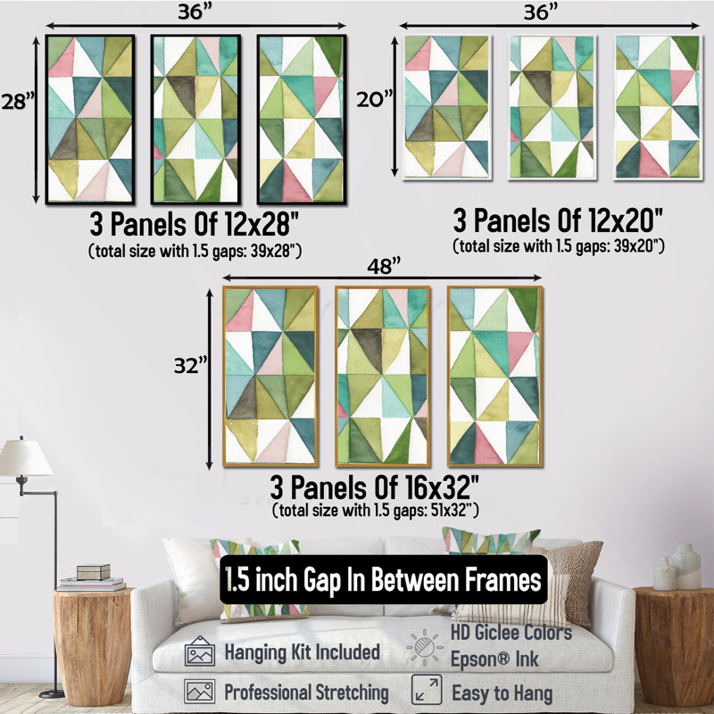 Motif géométrique mixte vert II - ensemble d'art moderne sur toile encadrée moderne et contemporain de 3, Cadre noir