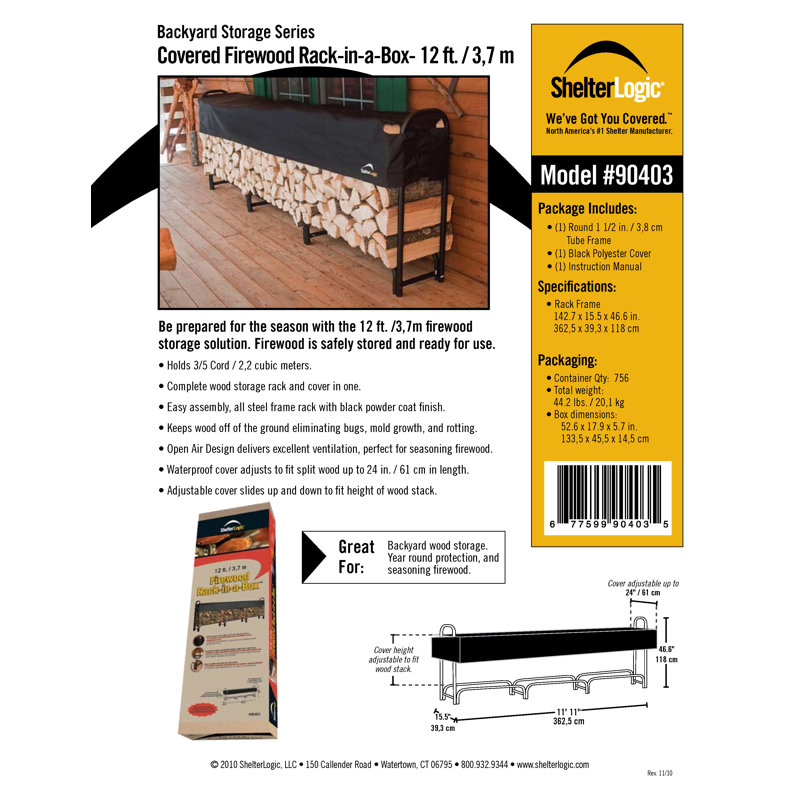12 ft Black Steel Firewood Rack with Water-Resistant Cover