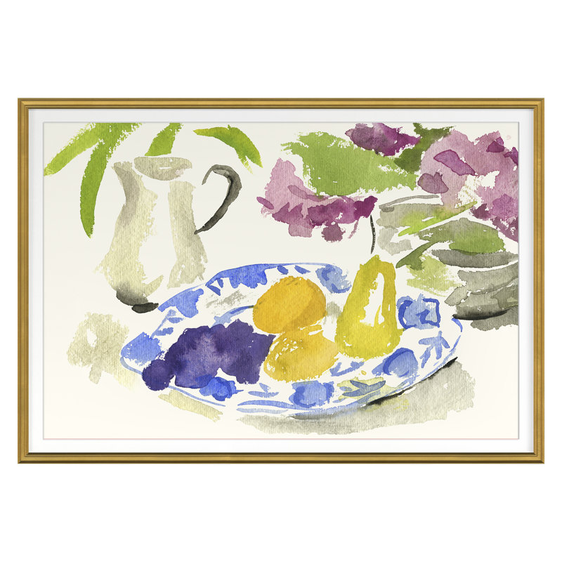 Blue Plate With Pears Print by Dana Gibson, 25" H x 36" W x 1" D, Gold Framed
