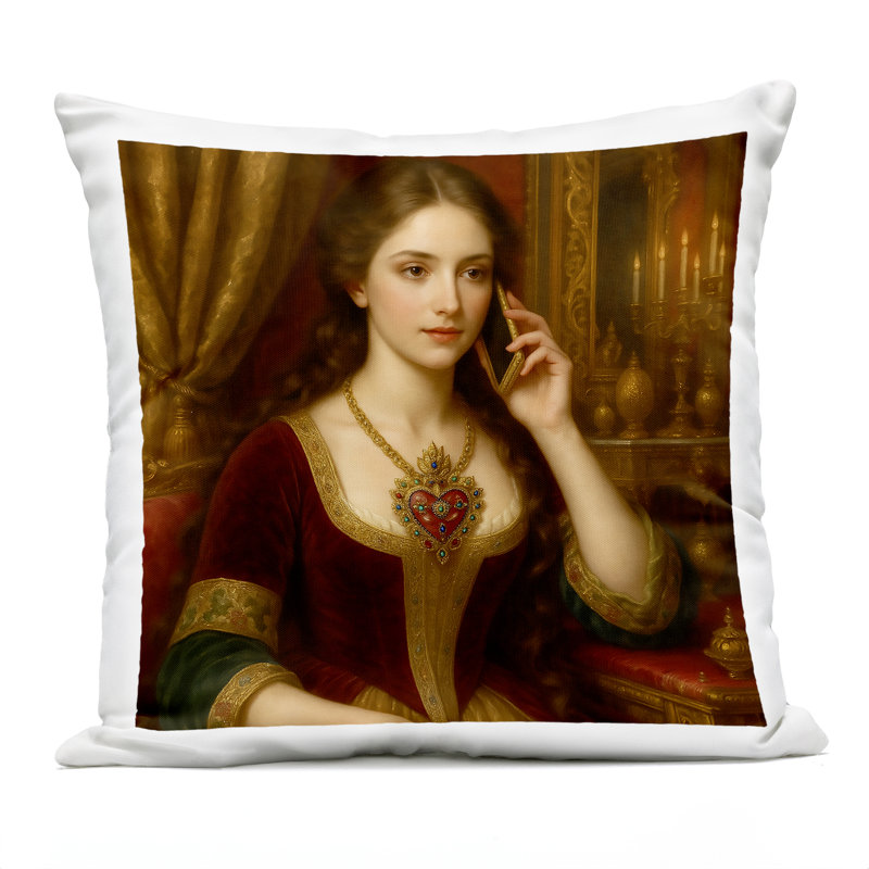 Coussin d'extérieur imprimé femme rococo avec téléphone portable, design par Grotto Studios, 18 x 7 x 18