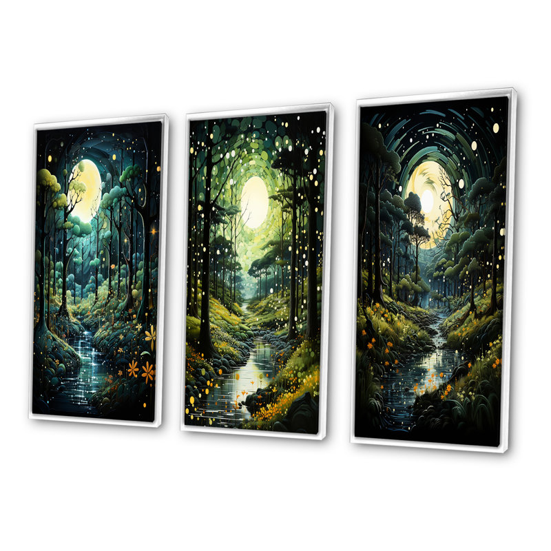 «Forest Enchanted Forest Pointillism», 3 pièces sur toile, H 40 po x l 60 po, Cadre blanc