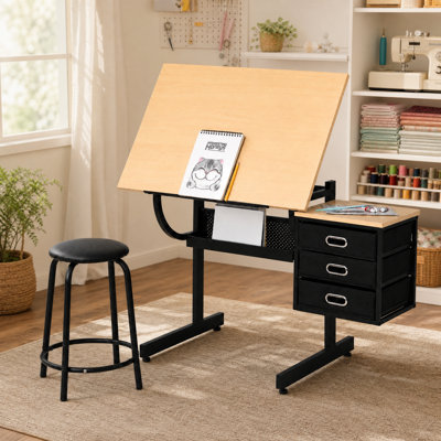 Table de dessin réglable avec tabouret et 3 tiroirs