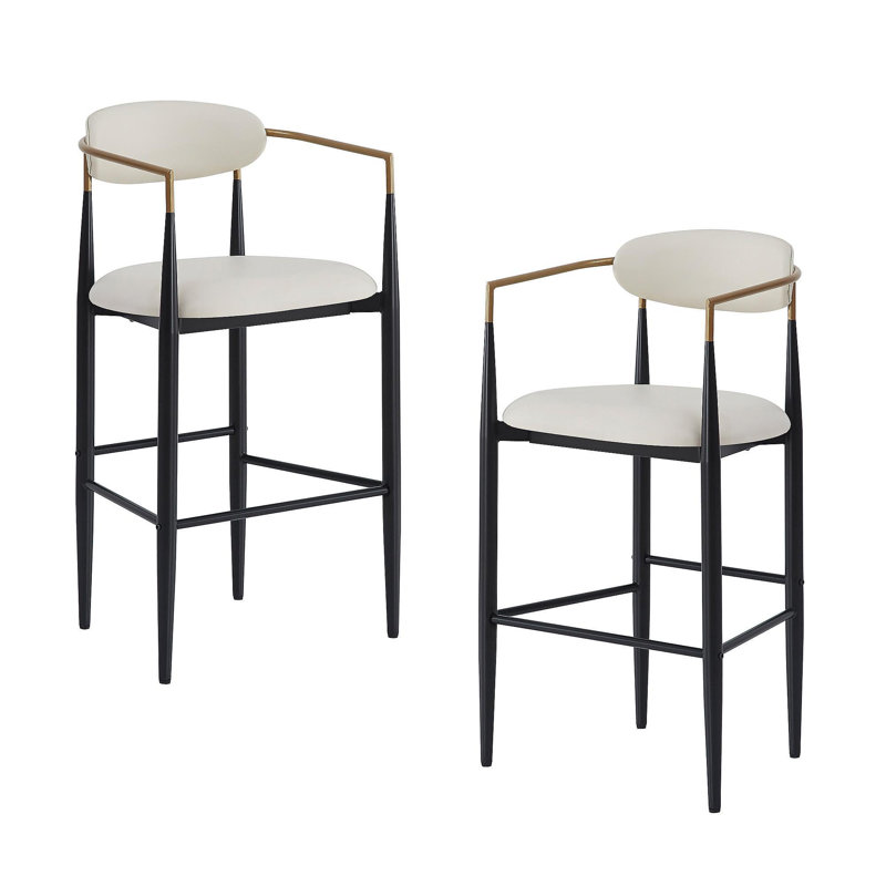 Barstools Set Of 2, Upholstered Bar Stools With Back For Kitchen Island, Beige Faux PU Leather Seating Black Iron Legs 260LBS Weight Capacity