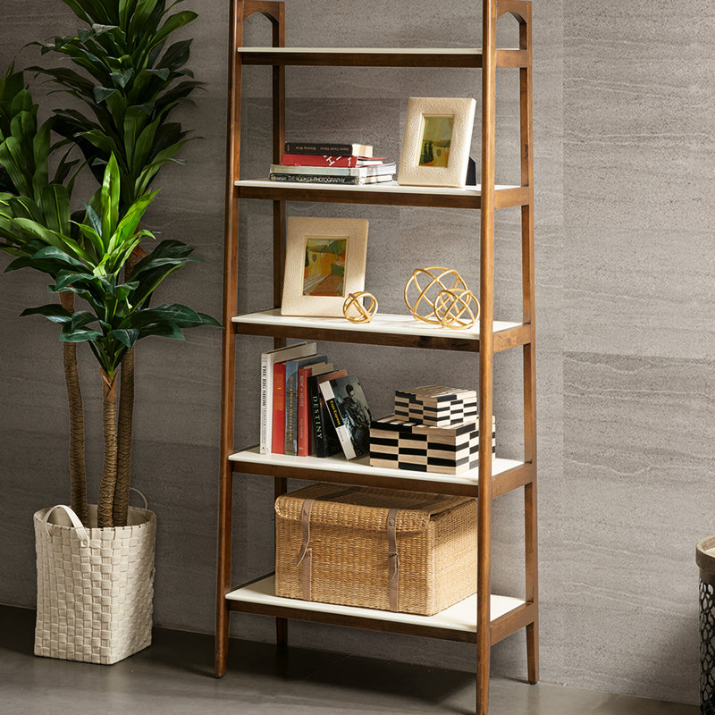 Bibliothèque élégante à 5 tablettes Mid-Century avec étagères en bois massif et matériaux robustes, Off White/Pecan