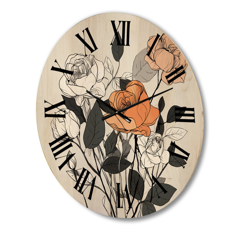 Retro Terracotta Roses Illustration IV - Abstract Botanicals Oversized Wood Wall Clock, Moyenne