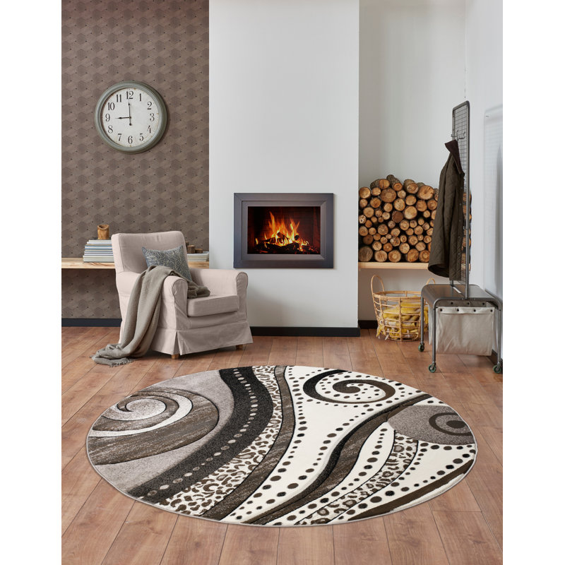 Tapis brun / noir à motif abstrait Nekizia, Rond 5 pi 2 po