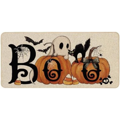 Halloween Pumpkins Welcome Doormat 17X36 Inch, Boo Ghost Black Cat Decorative Front Door Mat Non Slip Rubber Backing Fall Seasonal Entryway Floor Deco