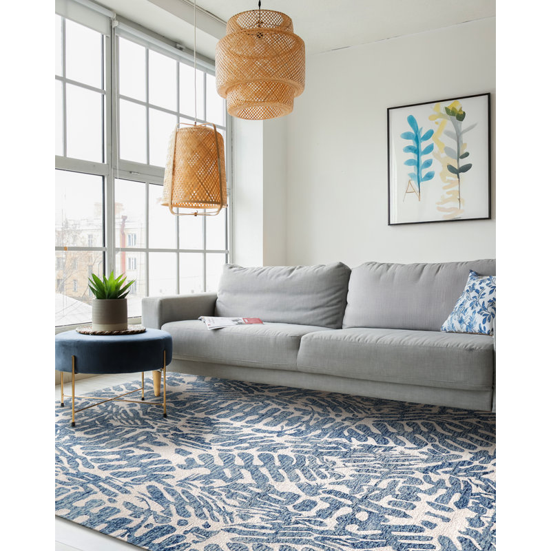 Botanica Blue/Ivory New Zealand Wool hand-tufted Area Rug, Rectangle 6' x 9', Blue/Ivory
