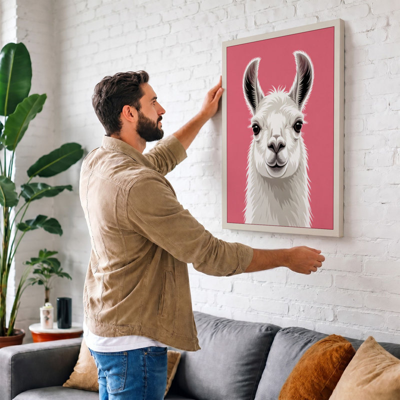 White Llama Portrait Modern 1 Piece Wrapped Canvas Wall Art, 30x20 - 76.2 x 50.8 cm, Black Border