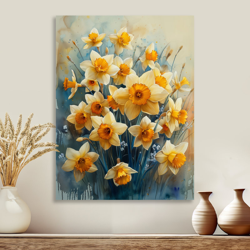 Bouquet de jonquilles en fleurs jaune et gris - jonquilles, Sans cadre, métal, H 16 po x l 32 po