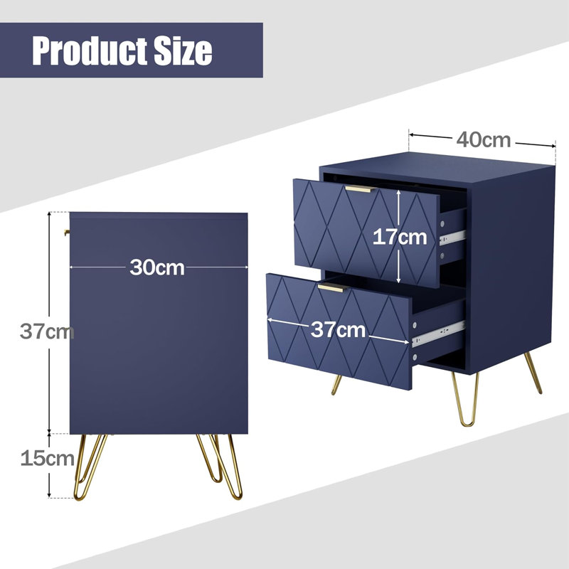 40 cm W Solid Wood Bedside Table, Navy Blue