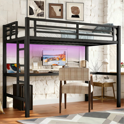 Lit mezzanine en métal noir avec bureau, lumière à DEL, station de charge USB, conception peu encombrante, structure à bruit réduit, garde-corps de sécurité, aucun sommier nécessaire