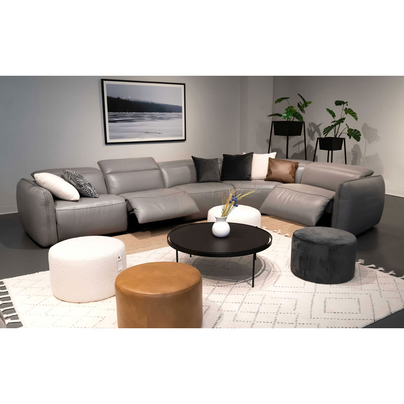 Canapé modulaire inclinable en cuir véritable Lindee, Cuir véritable gris