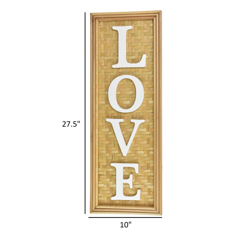 Love Wall Decor Sign with White Text on Brown Woven Wood Background