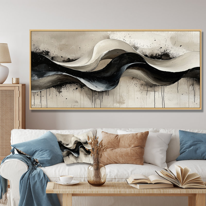 Gris sur fond blanc encre rythmique, rivière V, H 28 po x l 60 po, Cadre flottant, Noir