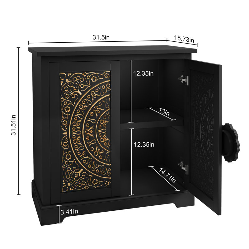31.5''Vintage Sideboard with Hand-Gilded Embossed Doors with Adjustable Shelves, Black