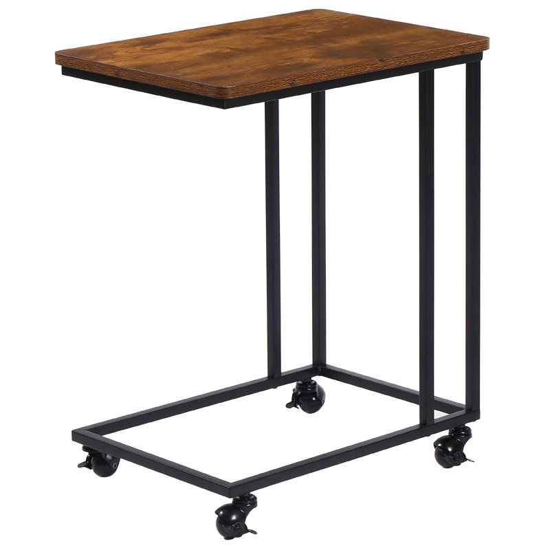 Jabria C Shape Base Type Square End Table & Side Table with 4 Wheels for Sofa, Bed Side, Brown Wood