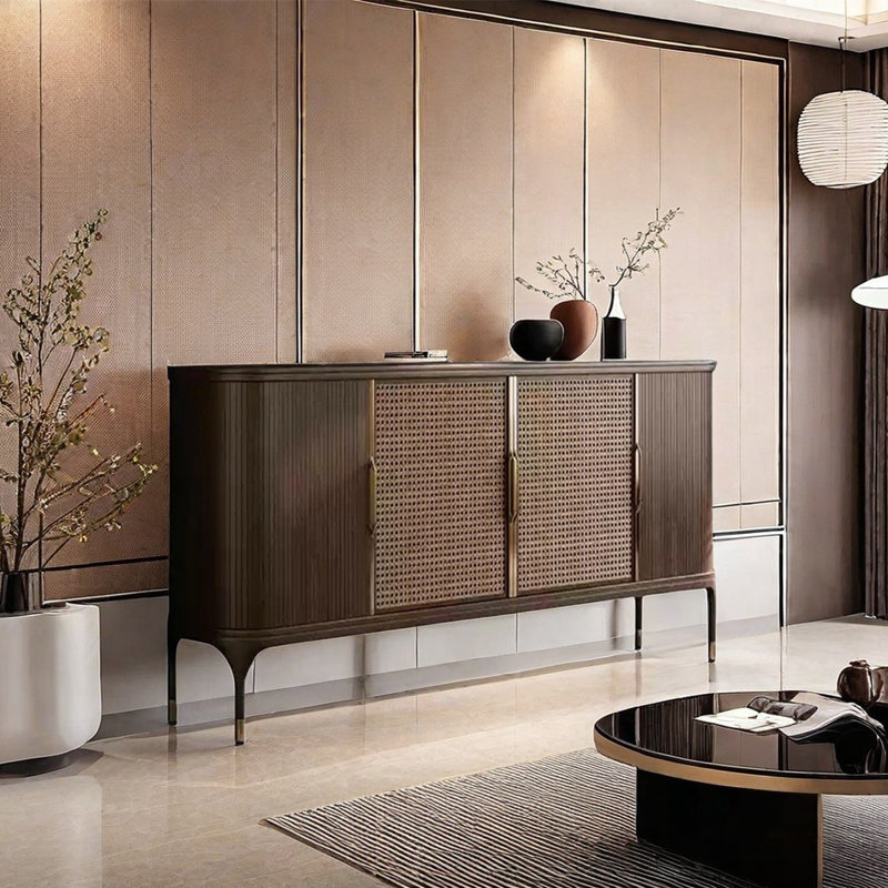 Buffet rétro avec portes en rotin, Brun