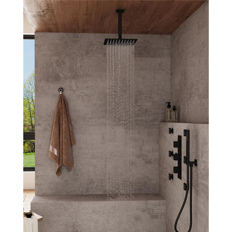 Herathena 3 Functions Ceiling Mounted Thermostatic Shower System with 6 Body Jets, Matte Black