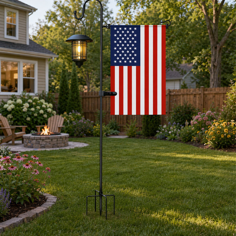 Porte-drapeau de jardin 48 po avec crochet de berger, porte-mât en métal avec pince à tigre et bouchons à ressort, piquet de jardin pour lanternes, mangeoires d'oiseaux et drapeaux saisonniers