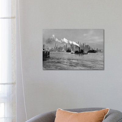 1930s-1933 Steam Engine Tug Boat and Staten Island Ferry Boats on Hudson River Against Manhattan Skyline New York City USA 1 Piece Wrapped Canvas Wall Art