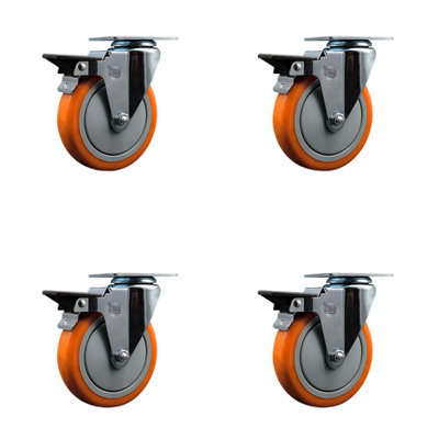5 Inch Orange Poly Wheel Swivel Top Plate Caster Set Posi Brake Service Caster