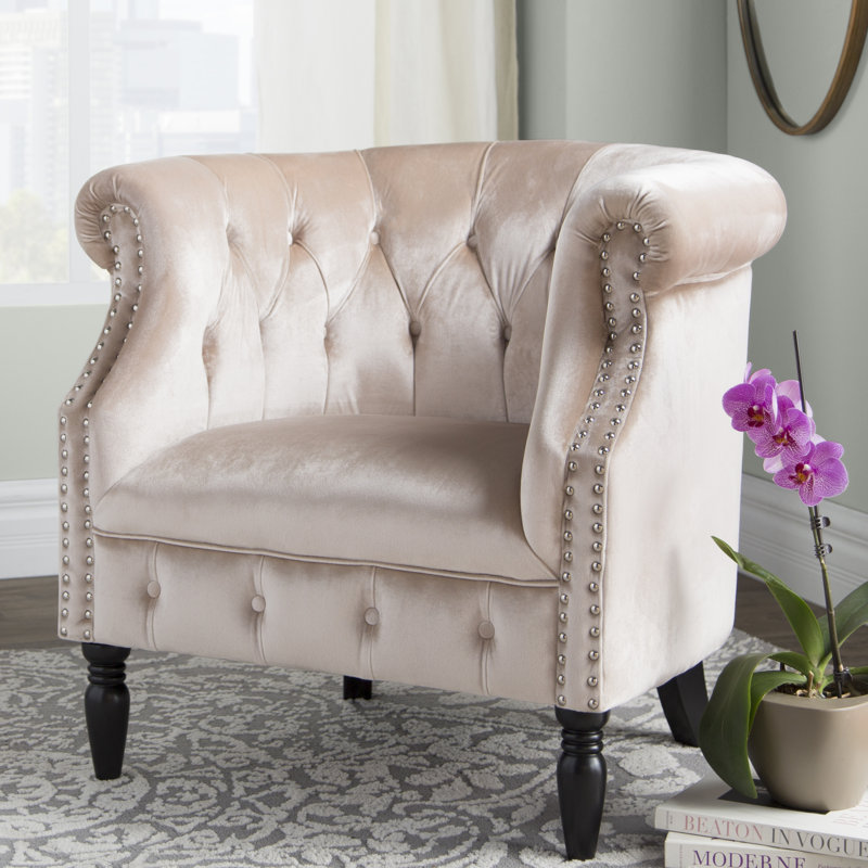 Fauteuil Chesterfield capitonné Valli, Velours champagne