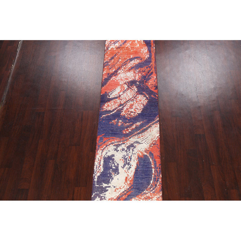 Tapis de couloir unique bleu noué à la main 2 pi 6 po x 12 pi 1 po New Age